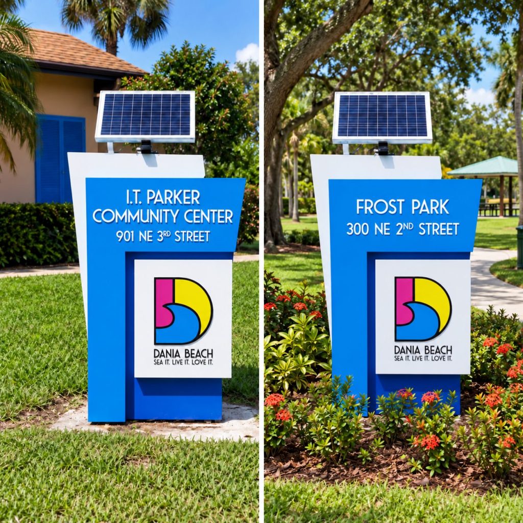 Dania Beach signs for I.T. Parker Community Center and Frost Park