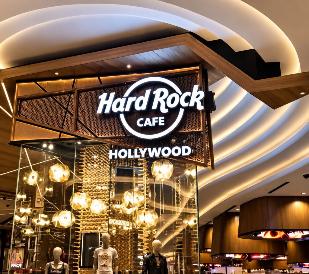 Hard Rock Café Hollywood entrance with illuminated sign