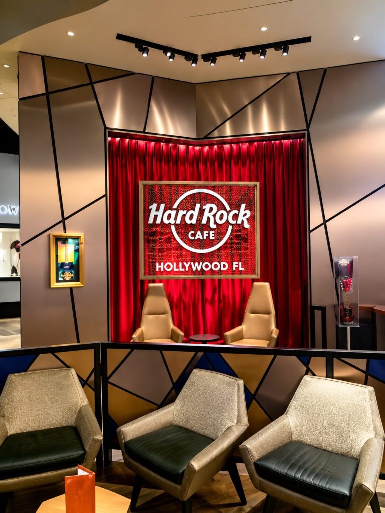 Hard Rock Café lounge display with an illuminated sign