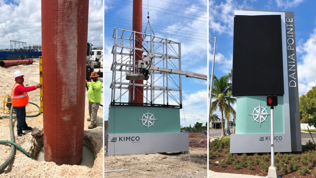 Dania Pointe pylon sign installation from foundation to finished sign