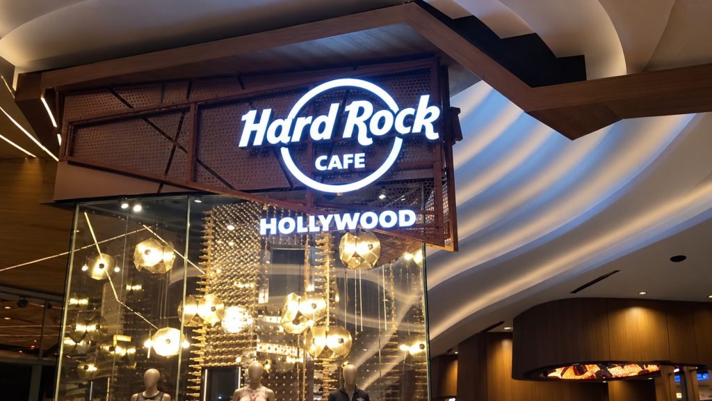 Illuminated Hard Rock Cafe Hollywood entrance sign