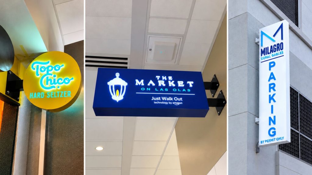 Collage of illuminated blade signs: Topo Chico, The Market and Milagro parking