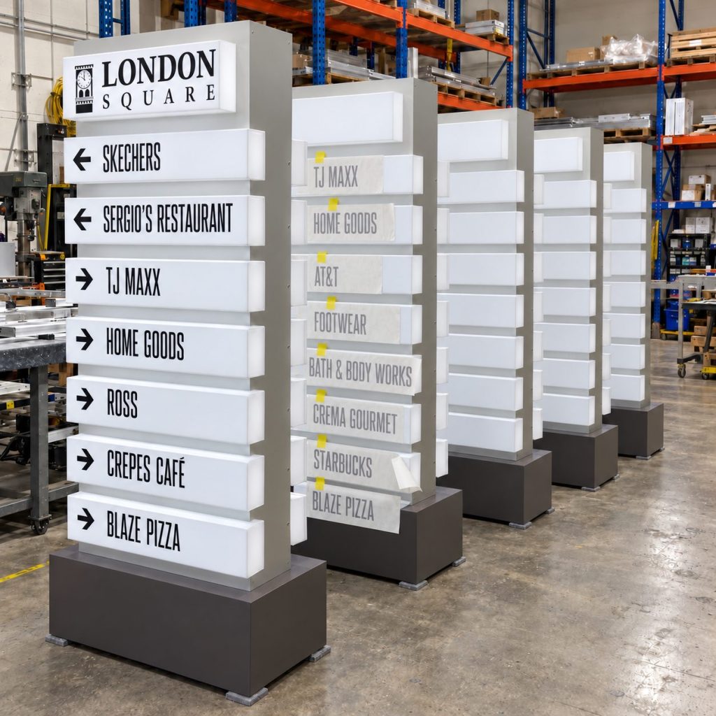 London Square wayfinding signs in production at the AMS shop