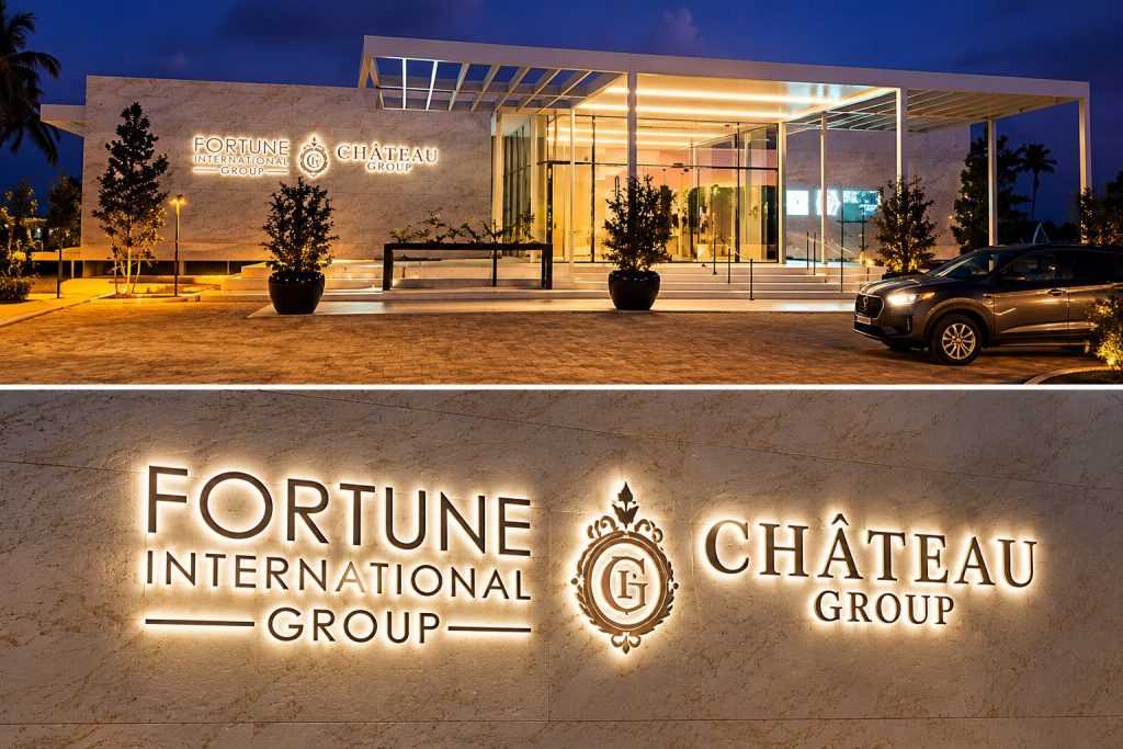 Château Group entrance at dusk with illuminated signs