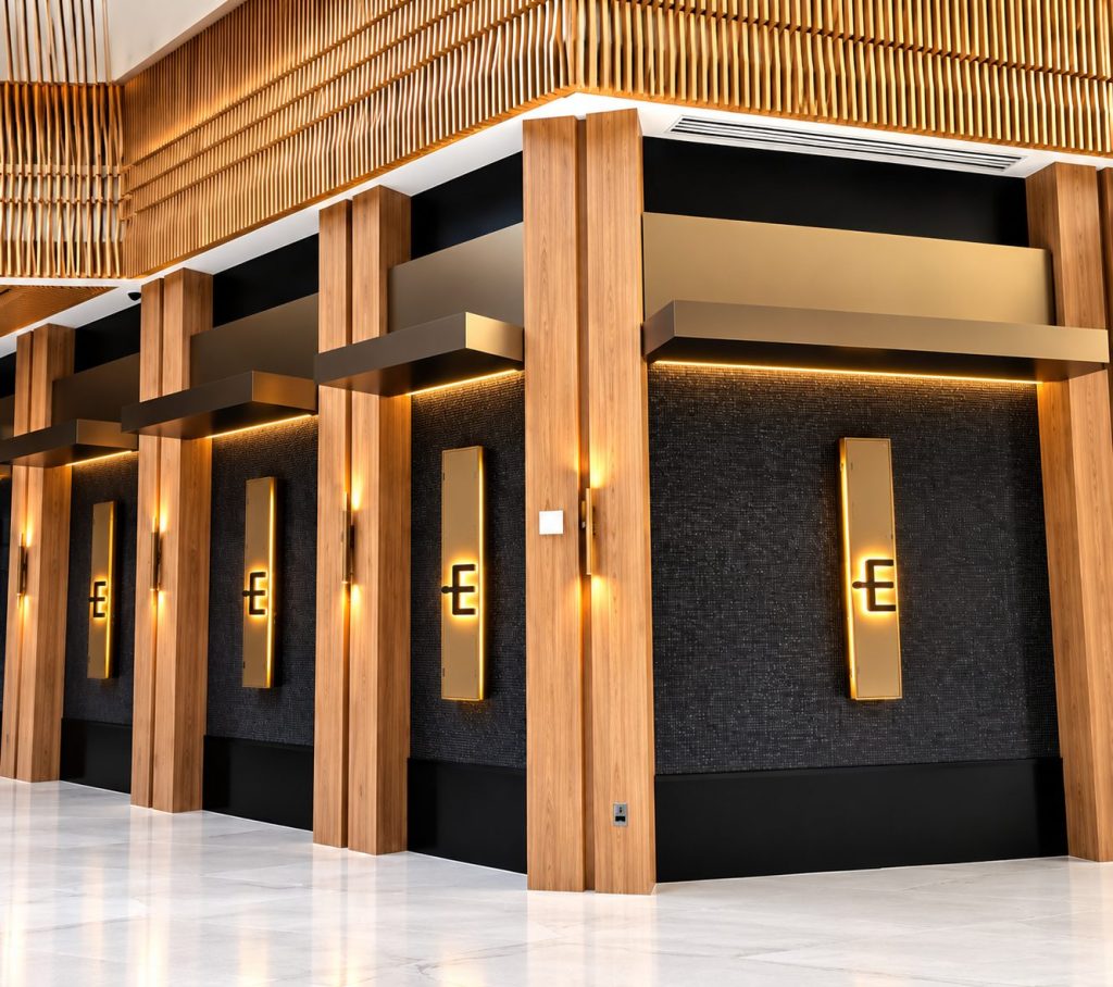 Hotel lobby with illuminated cabinet signs