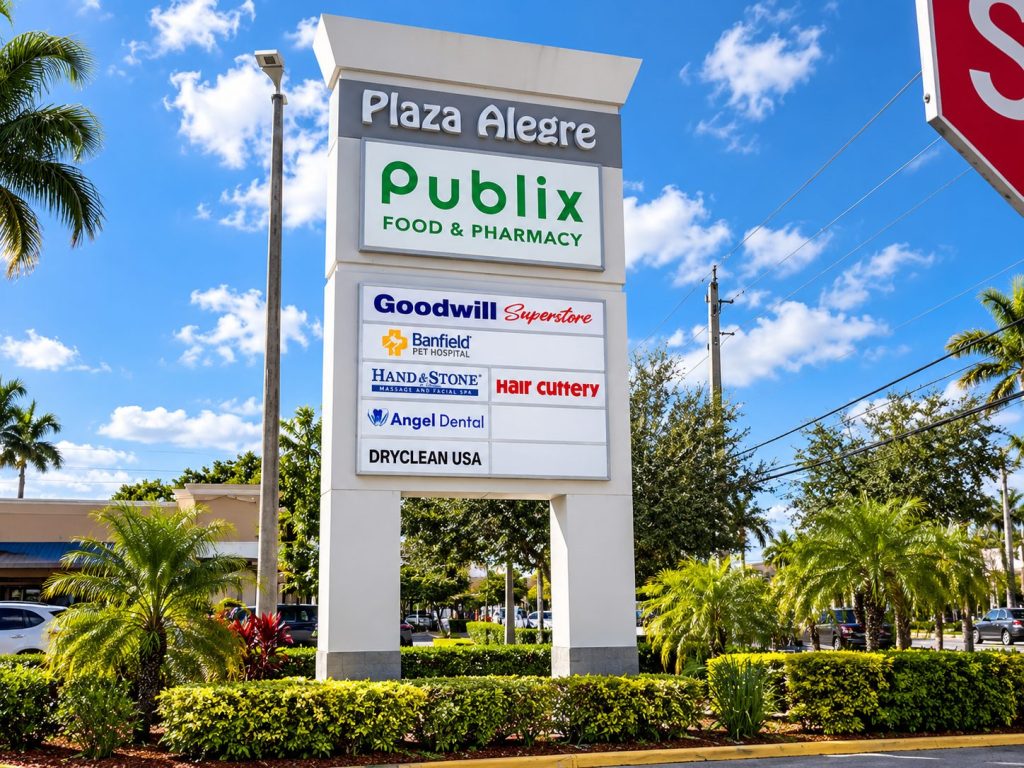 Plaza Alegre shopping center pylon sign with tenant panels