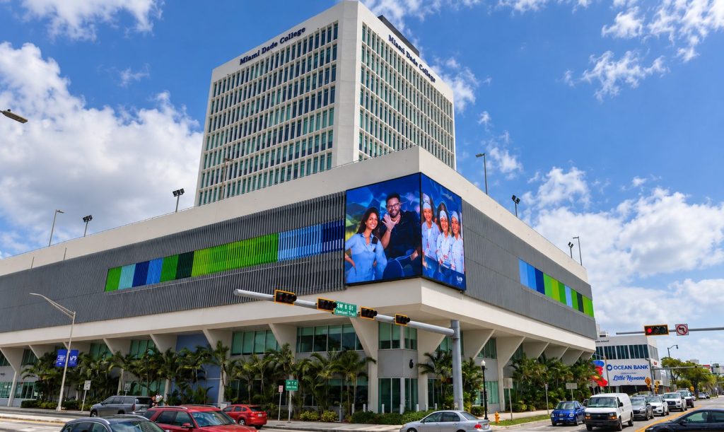 Miami Dade College building corner with LED displays