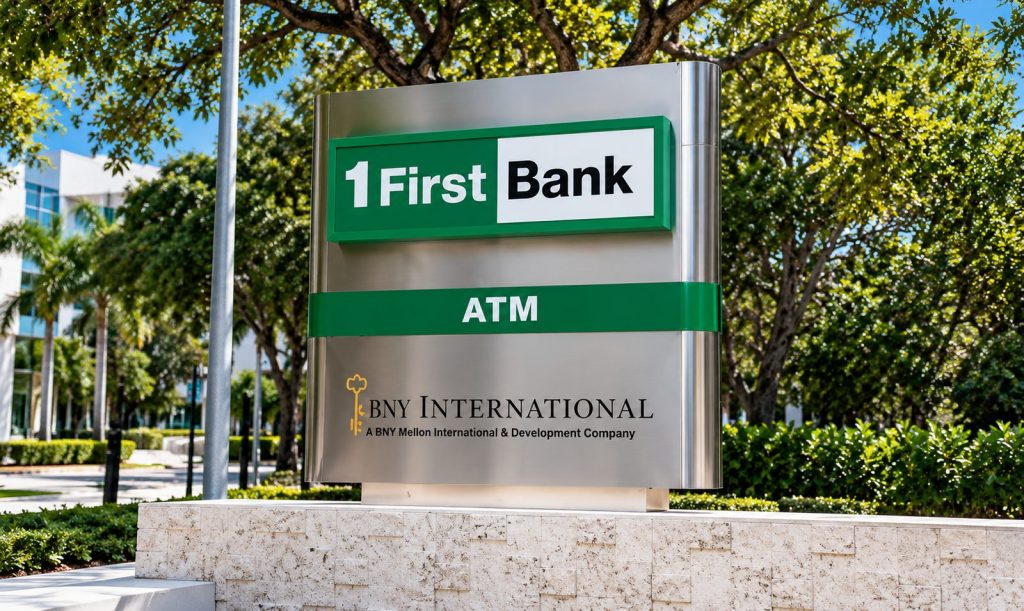 1FirstBank ATM monument sign in a landscaped setting