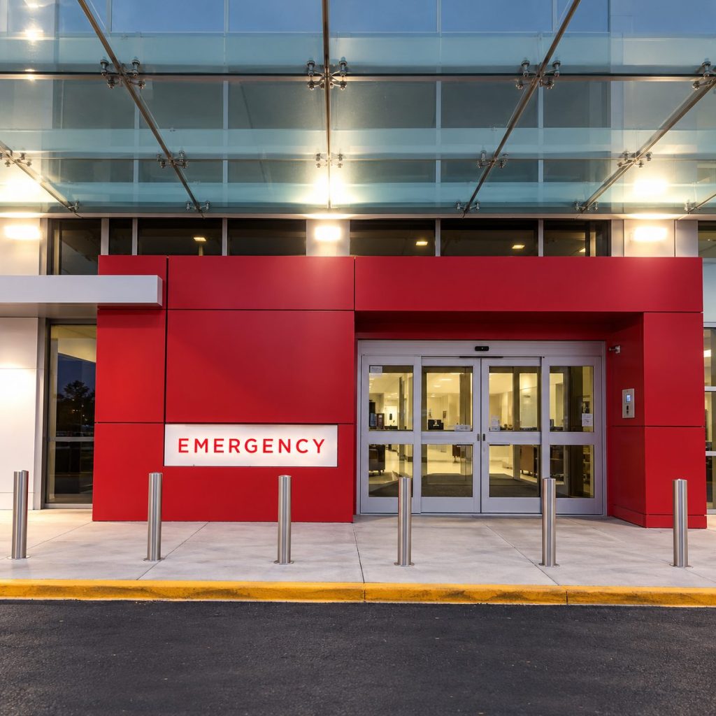 Emergency entrance under a glass canopy