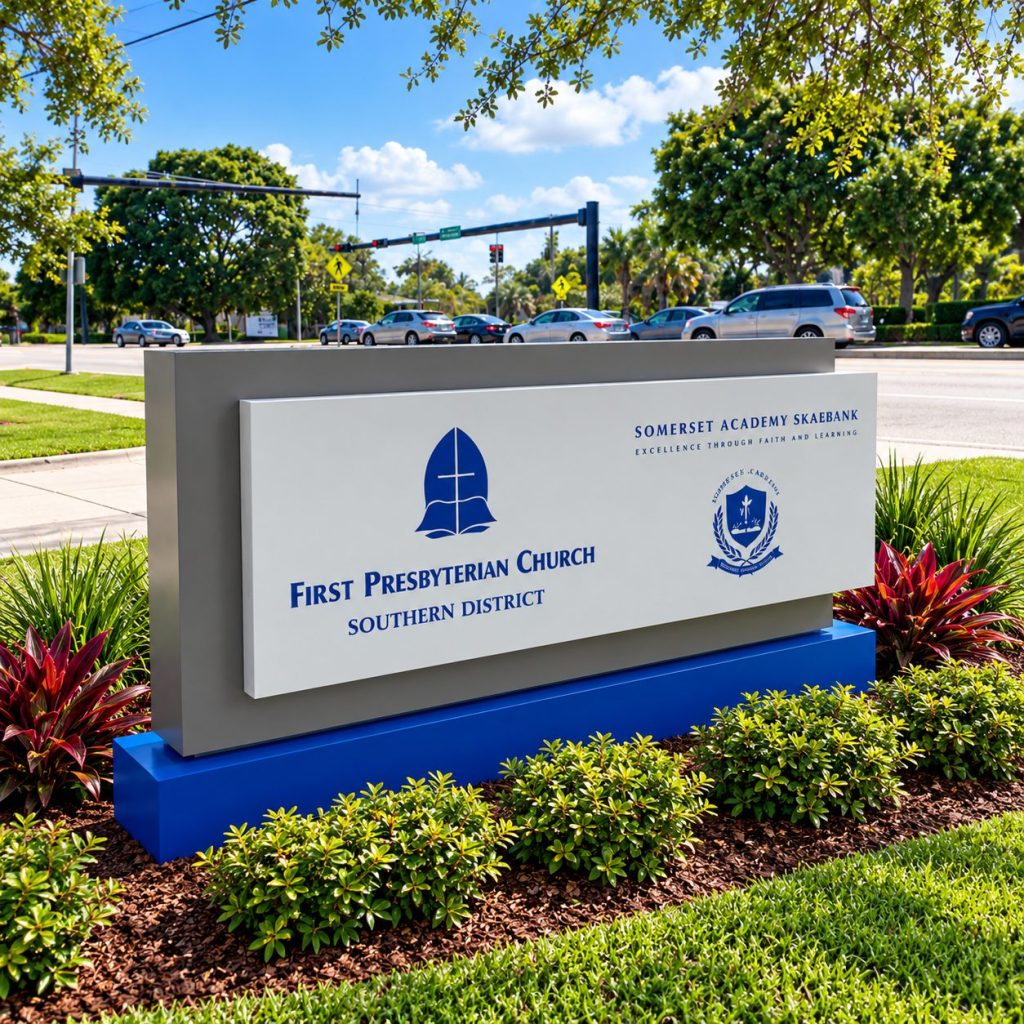 Campus monument sign with a blue base in blooming landscaping
