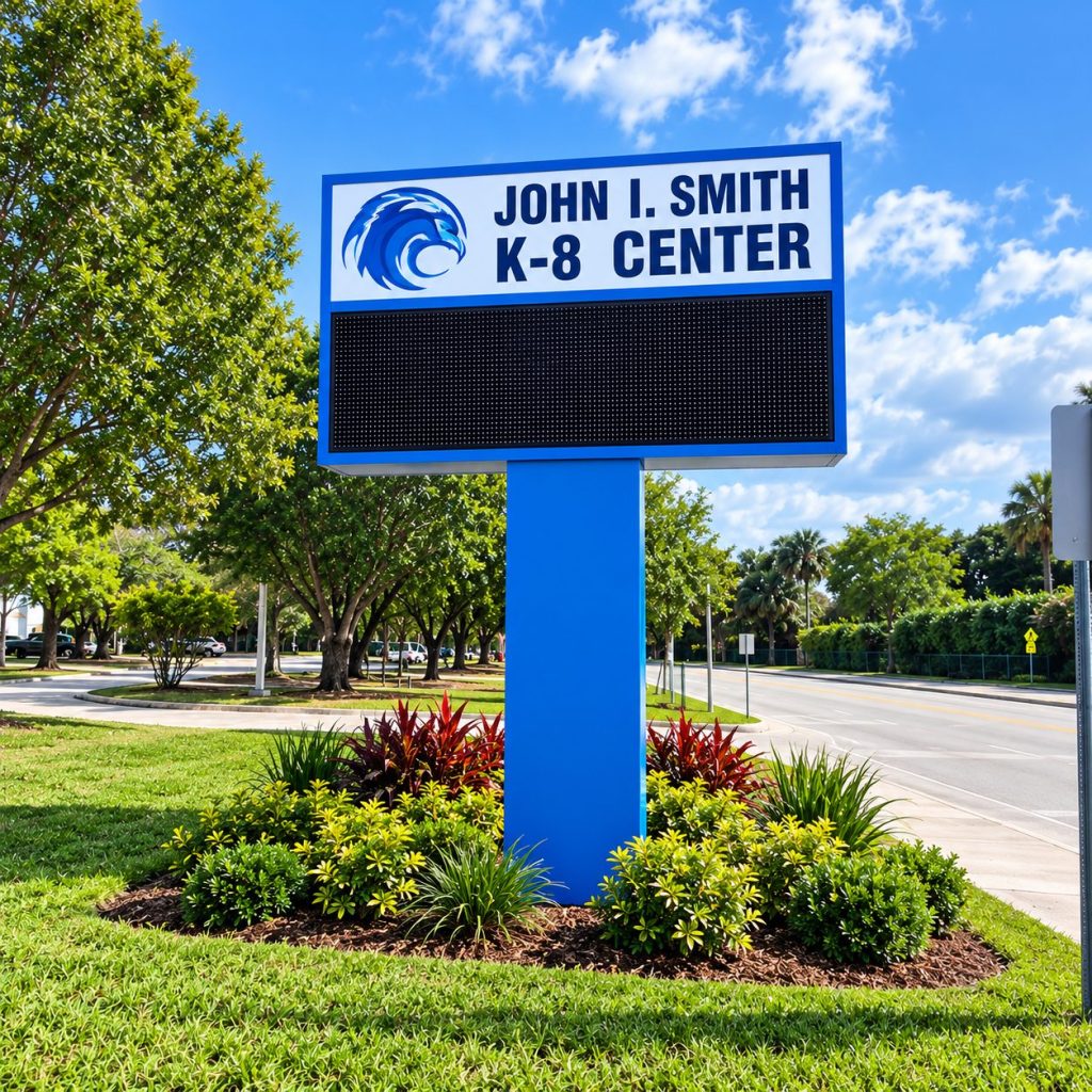 John I. Smith K-8 Center monument sign with electronic message center