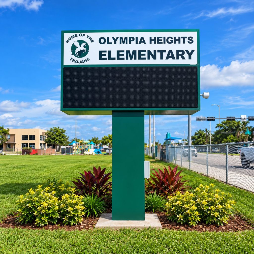 Olympia Heights Elementary monument sign with electronic message center