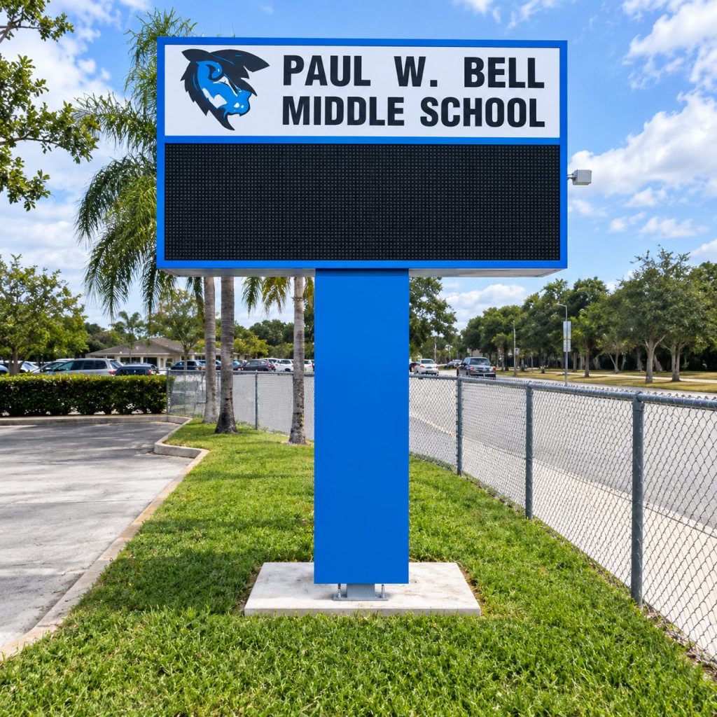 Paul W. Bell Middle School monument sign with electronic message center