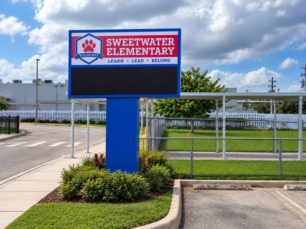 Sweetwater Elementary monument sign with electronic message center and landscaping
