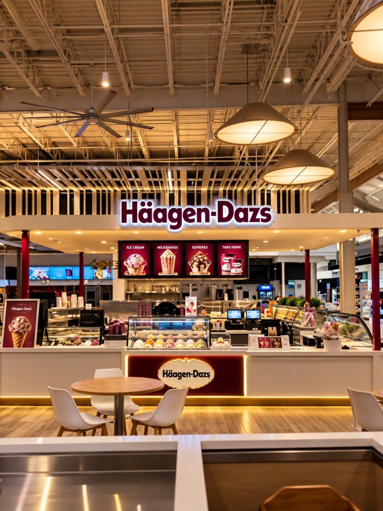 Häagen-Dazs kiosk with illuminated channel letters, one of many brand locations