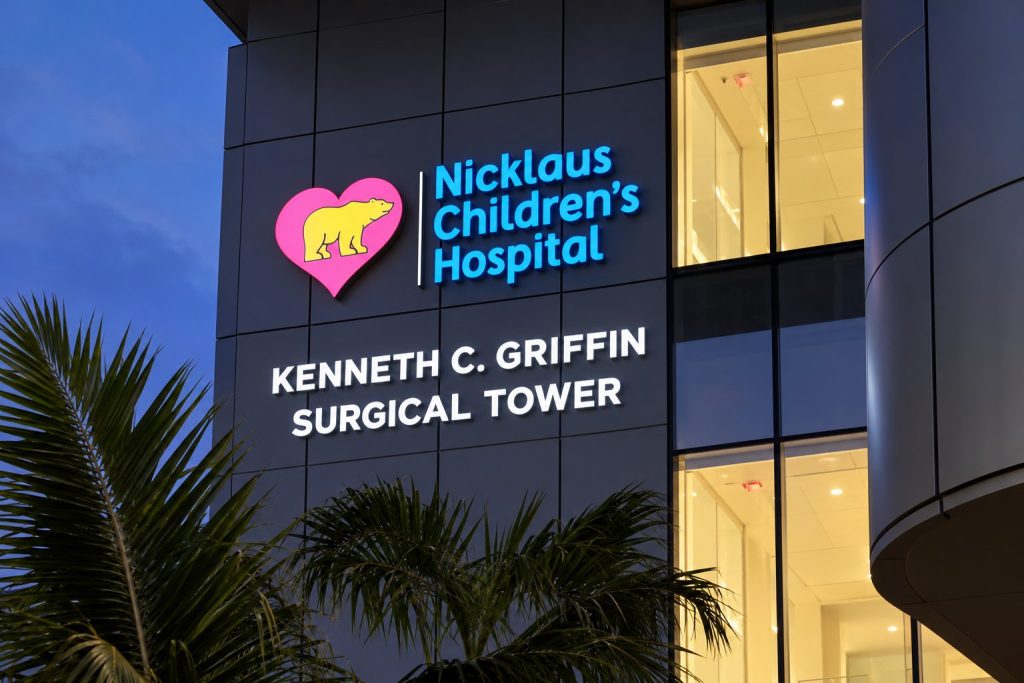 Nicklaus Children's Hospital sign at dusk