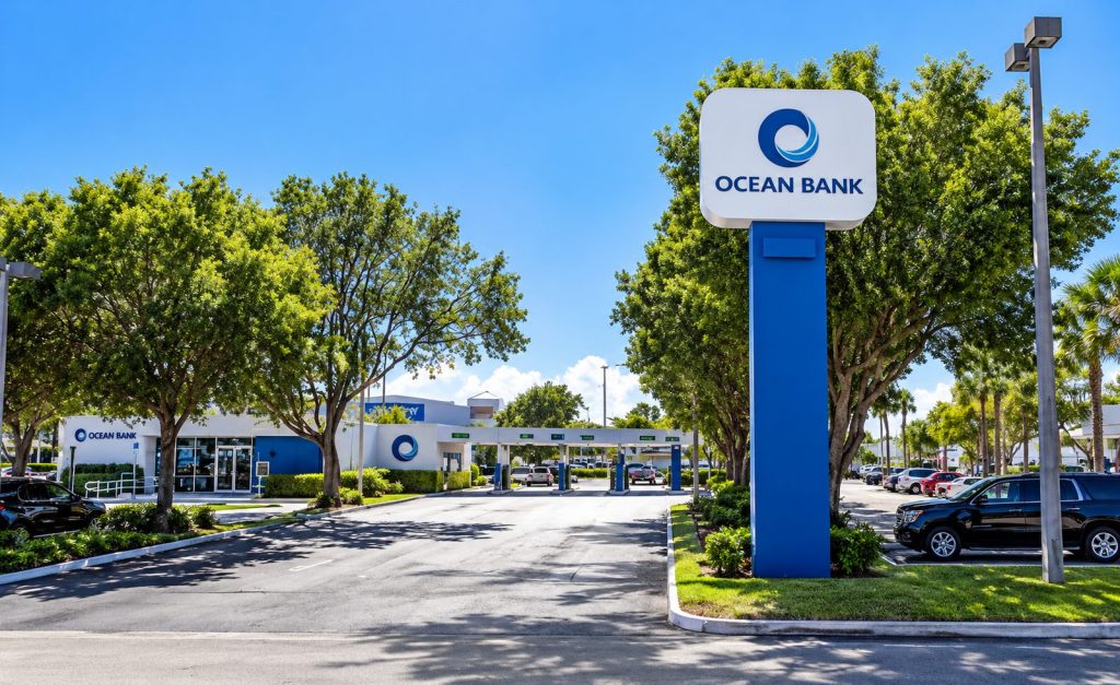 Ocean Bank drive-thru entrance with a pylon sign