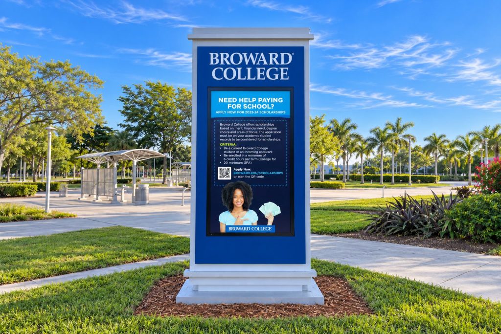 Broward College digital sign on campus under an open sky