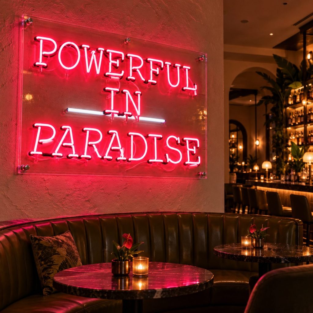 Red neon sign reading Powerful in Paradise in a Miami lounge