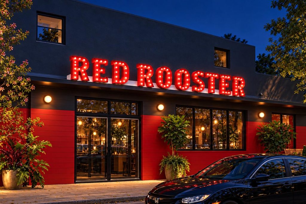 Red Rooster storefront with illuminated marquee letters at night