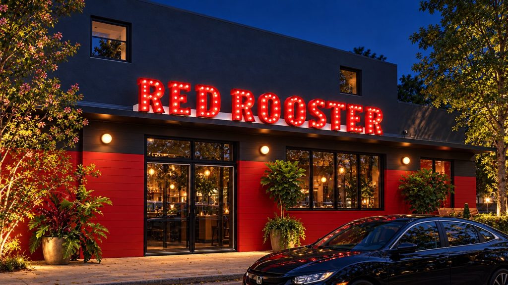 Red Rooster storefront at night with red channel letters