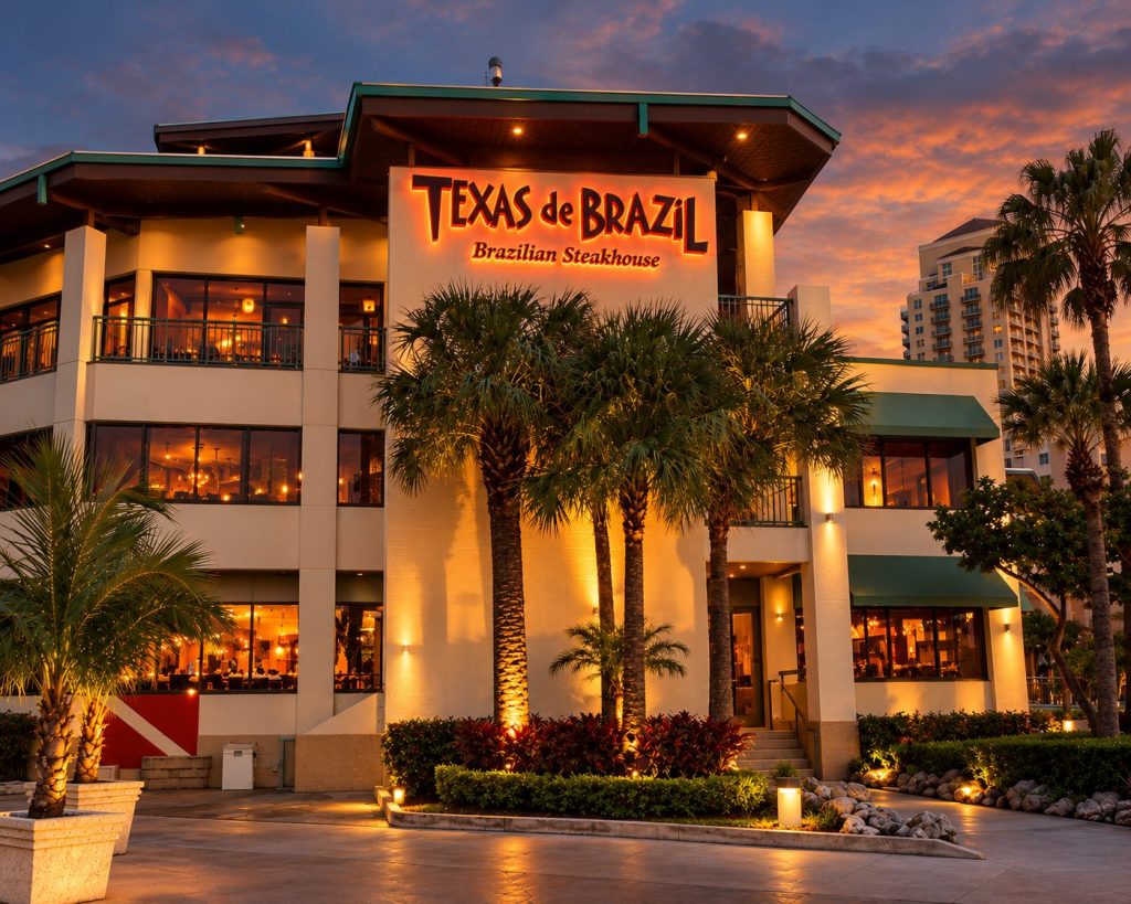 Texas de Brazil steakhouse illuminated channel letters at dusk