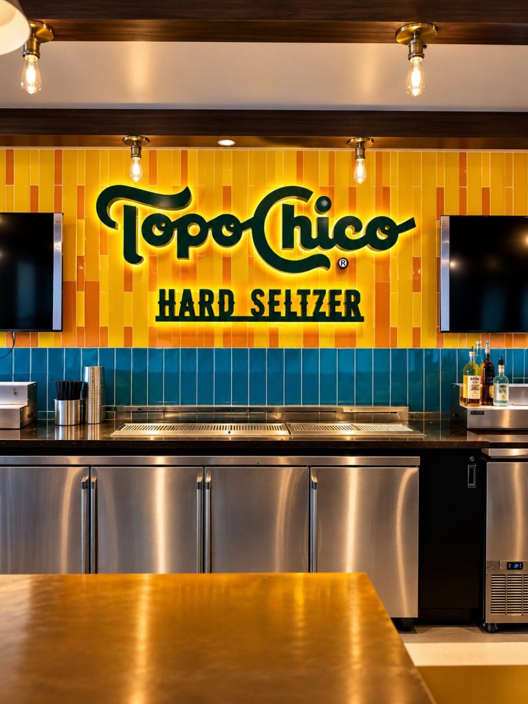 Reverse channel letters above a Topo Chico Hard Seltzer bar