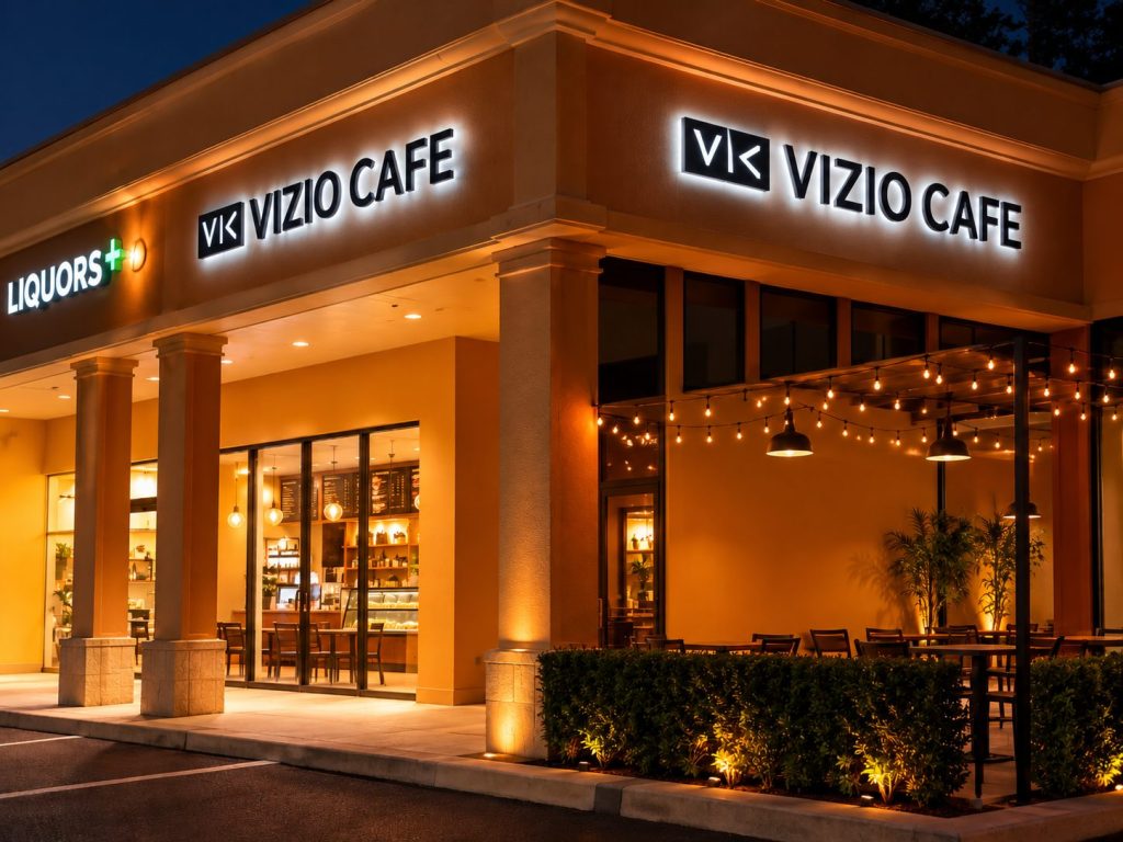 Vizio Café corner storefront with reverse channel letters at night