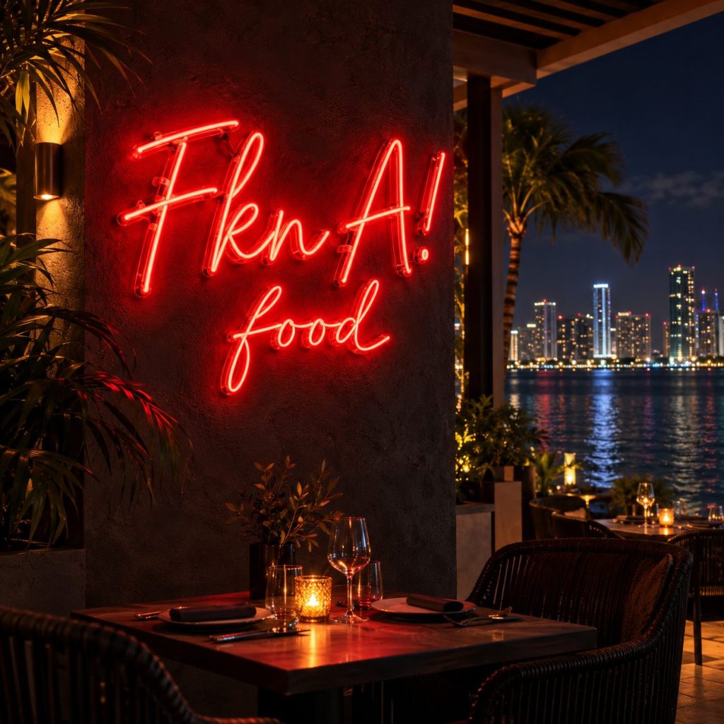 Ruby neon sign overlooking Miami Bay