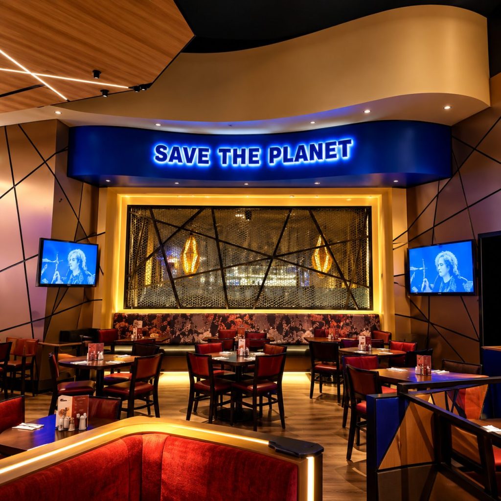 Save the Planet lounge with reverse channel letters