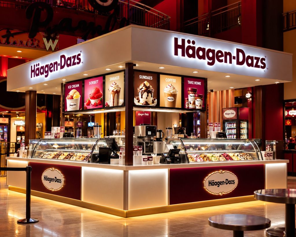 Illuminated Häagen-Dazs ice cream kiosk with side-lit channel letters