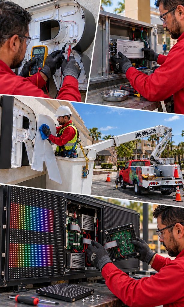 Technicians diagnosing and repairing illuminated signs