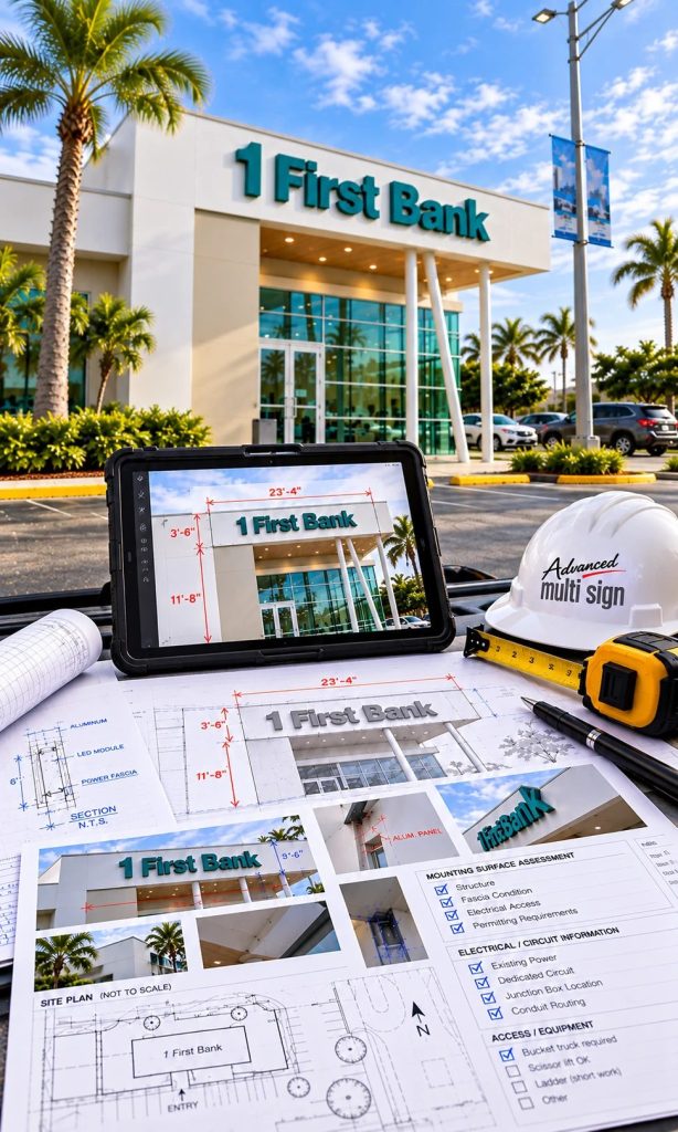 Site survey kit in front of a 1FirstBank branch: tablet, plans, hard hat and tape measure