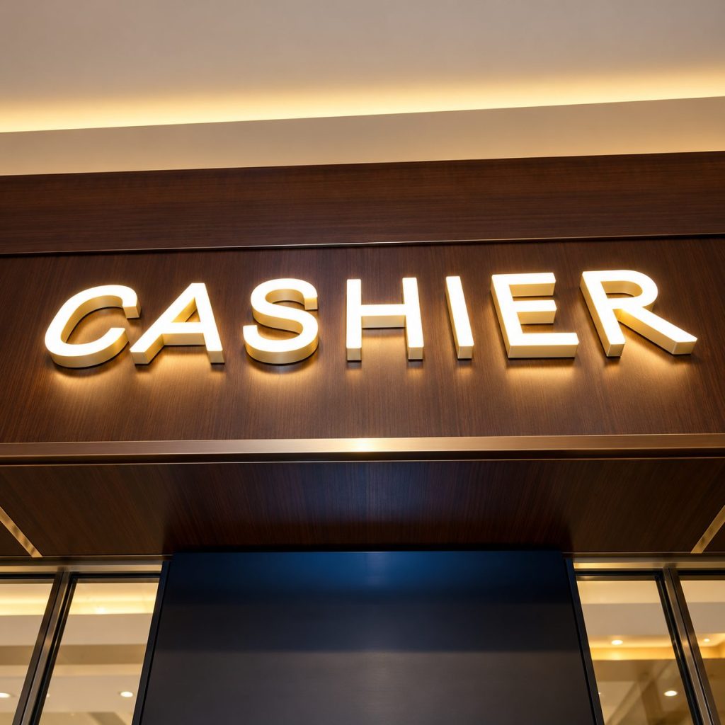 Illuminated slim channel letters spelling Cashier