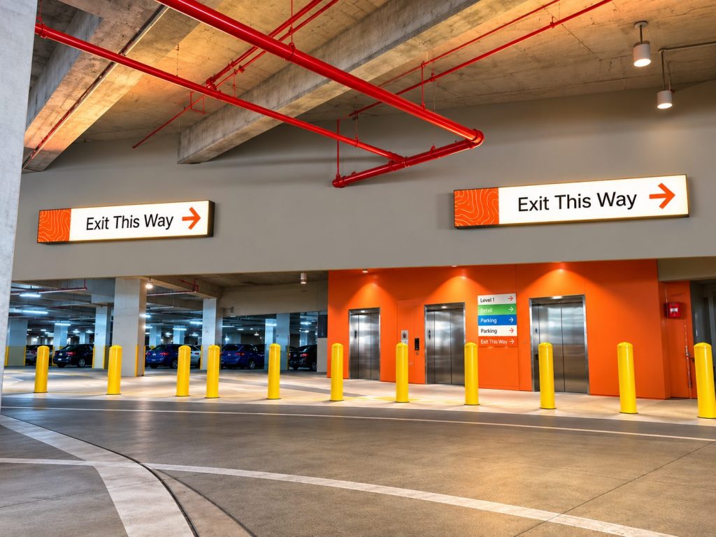 Exit wayfinding signs in a parking garage