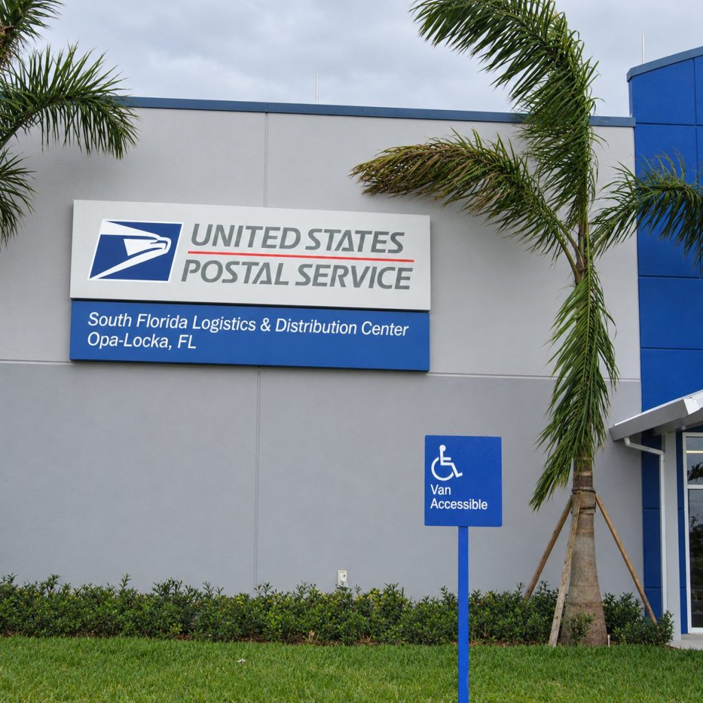 USPS South Florida Logistics Center entrance sign with palm trees